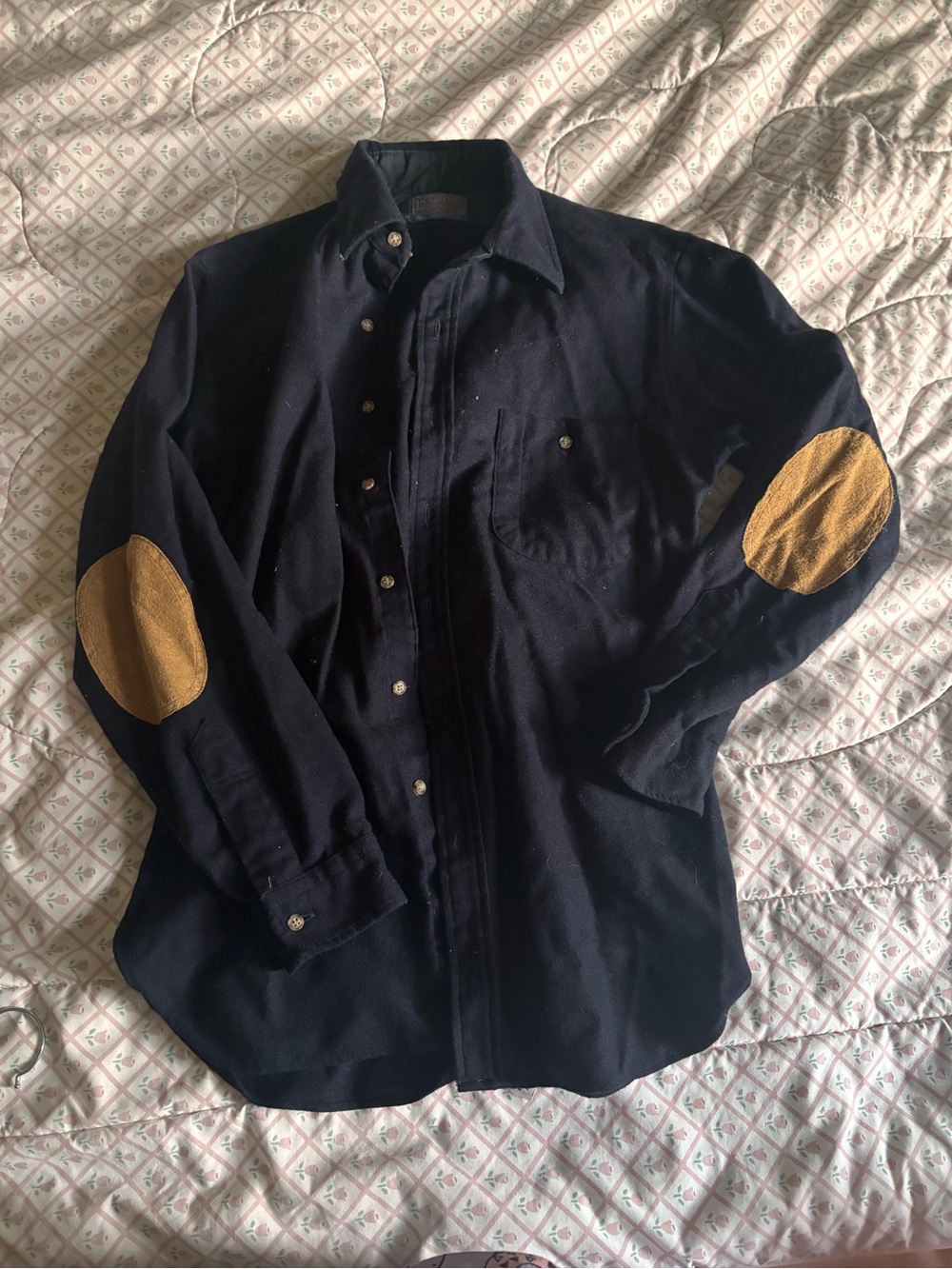 Vintage Pendleton Men's Navy Button-Down navy Shirt with Tan up Elbow Patches